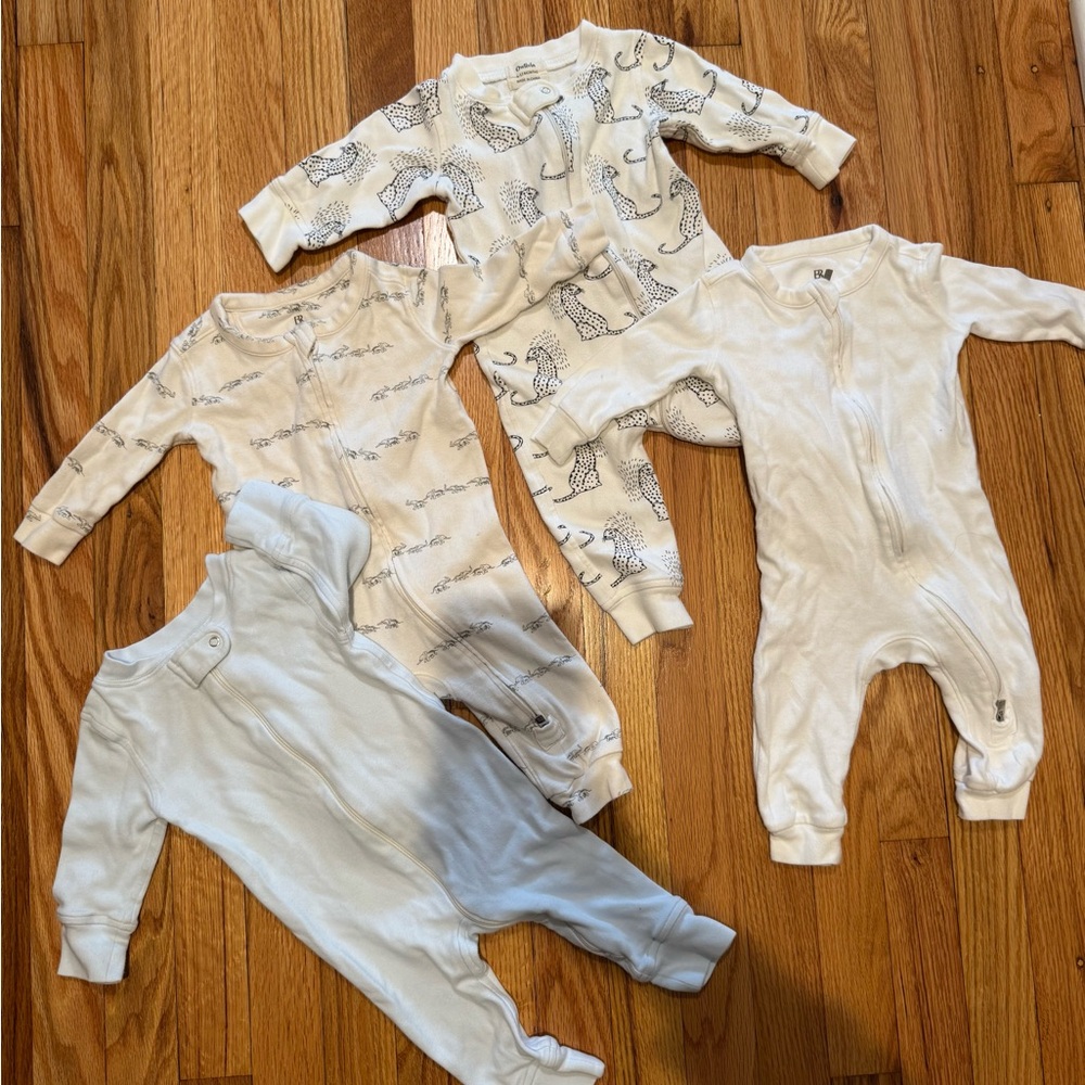 Set of 5 cotton pajamas 6-9 month baby zip zippies White elephants cheetah blue